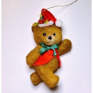 Vintage Christmas Teddy Bear Flocked Walking Waving Ornament Retro Holiday Decor